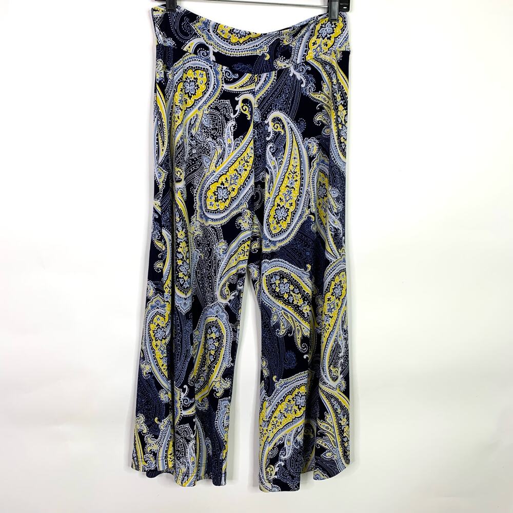 Clara Sun Woo Palazzo Pants Size XL Paisley Wide Leg Stretch Blue Yellow Slinky